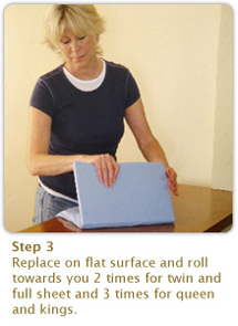 Step 3:
Replace on flat surface and roll towards you 2 times for twin and full sheet and 3 times for queen and kings.