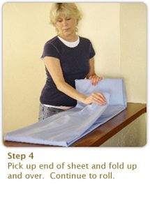 Step 4:
Pick up end of sheet and fold up and over.  Continue to roll.